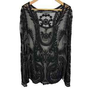 Melissa Floral Lace Long Bell Sleeve Top Sz M Black Sheer Boho Goth Feminine